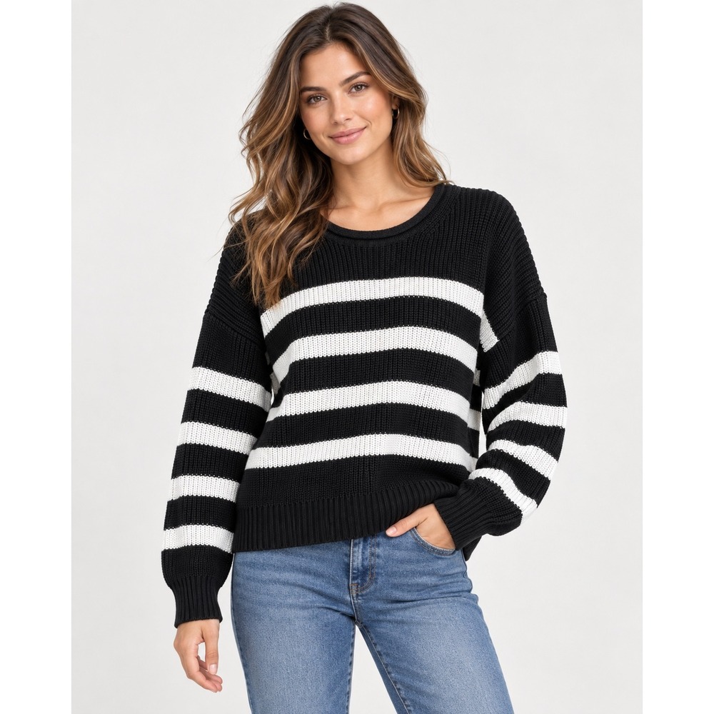 Gap Striped Sweater Womens Large Black White Shaker Knit Crewneck Relaxed Cotton